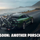 A green Porsche Taycan electric car with two e-bikes strapped to the back
